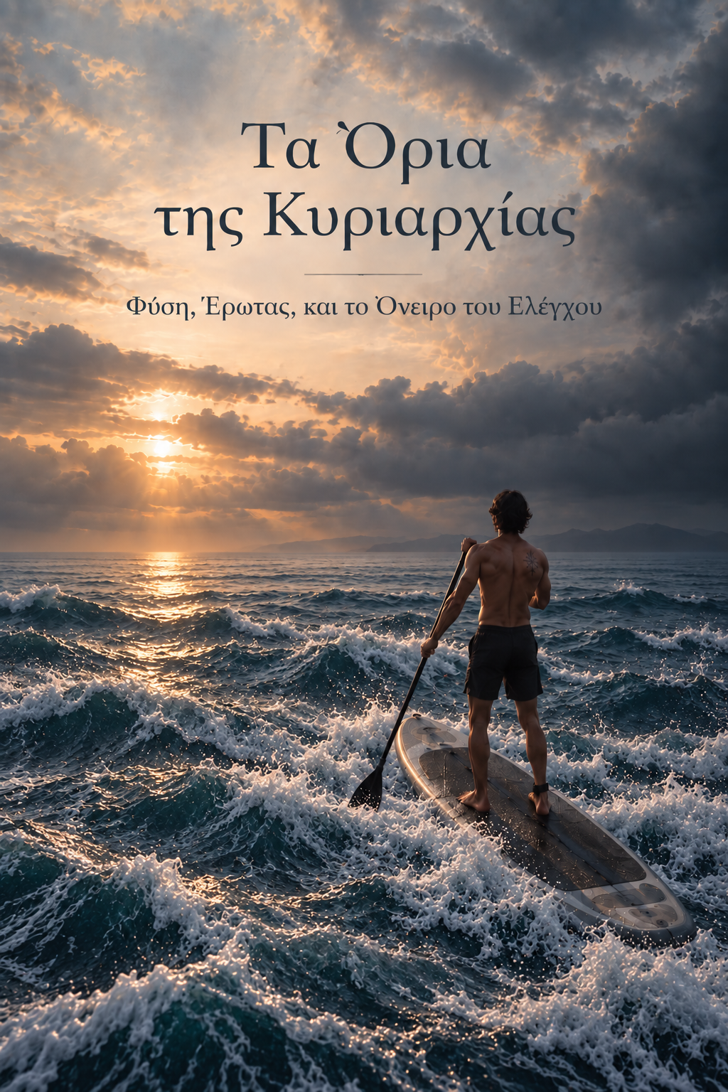 Εξώφυλλο του μυθιστορήματος «Τα Όρια της Κυριαρχίας»: άνδρας με σανίδα στη φουρτουνιασμένη θάλασσα κάτω από συννεφιασμένο ουρανό